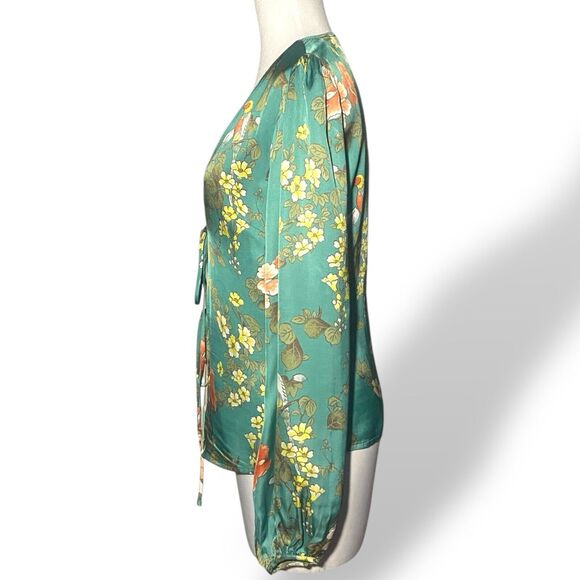 Majorelle Blouse Top Women Size S Green Floral Bird Print Long Sleeve Open Front - Picture 2 of 14